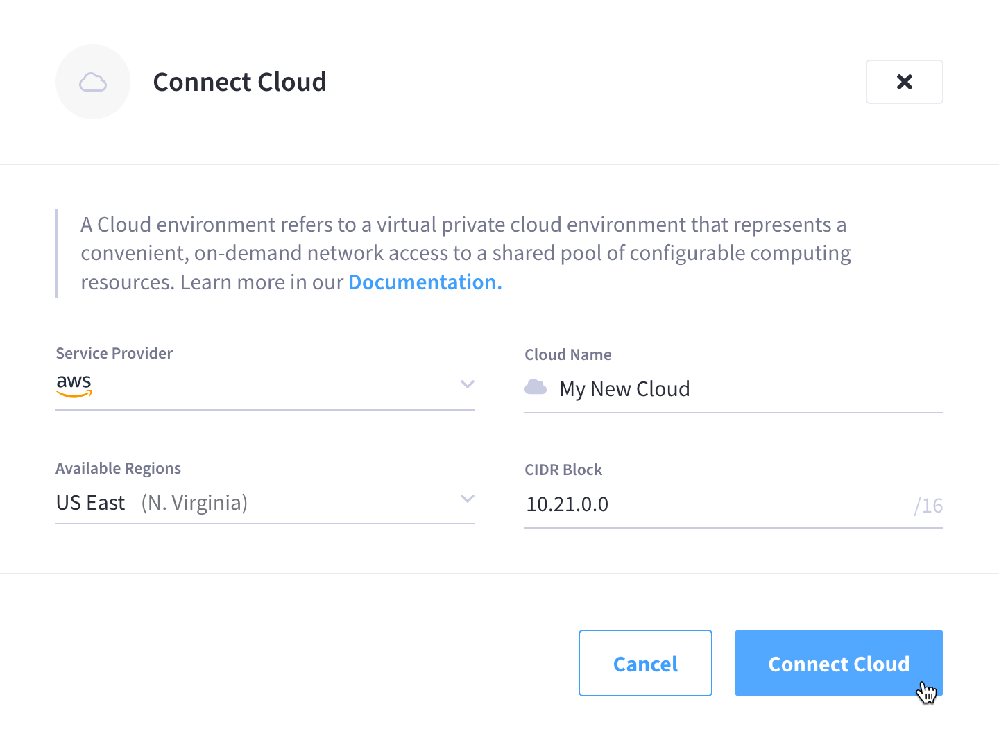 The 'Connect Cloud' slide-out menu showing all fields completed.