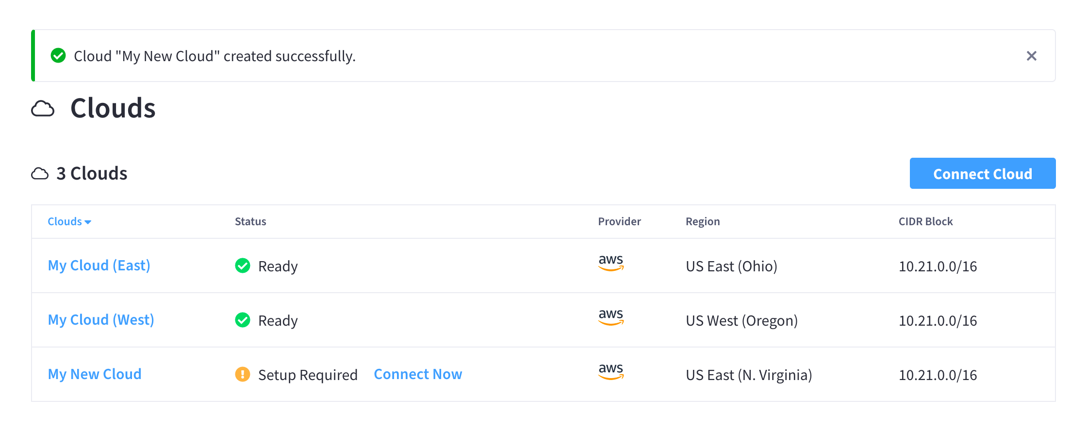 The 'Clouds' view showing the newly added cloud with a status of 'Setup Required' and a button next to it labeled 'Connect Now'.