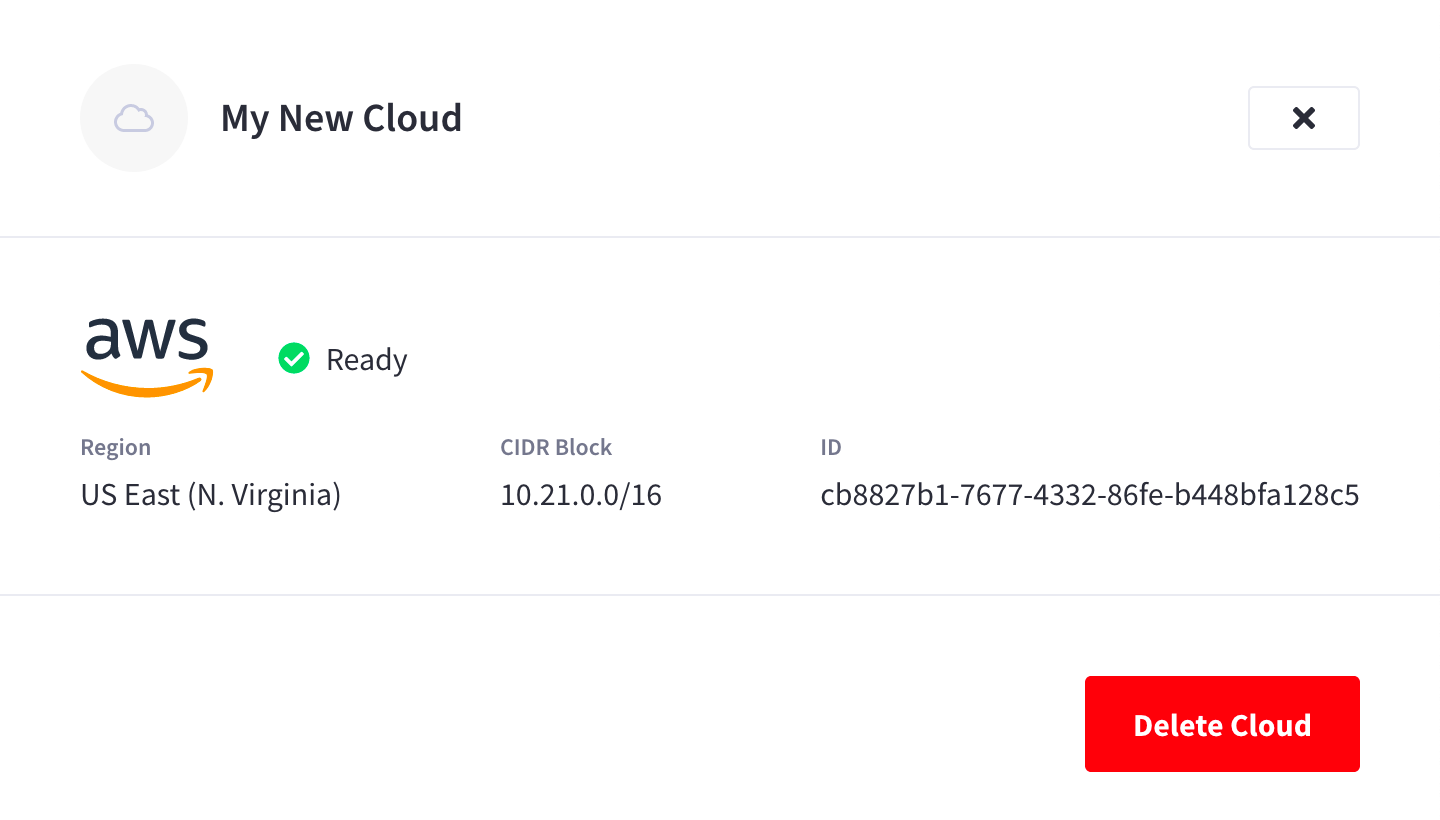 The connected cloud’s slide-out menu showing the cloud’s details, as well as a red 'Delete Cloud' button.