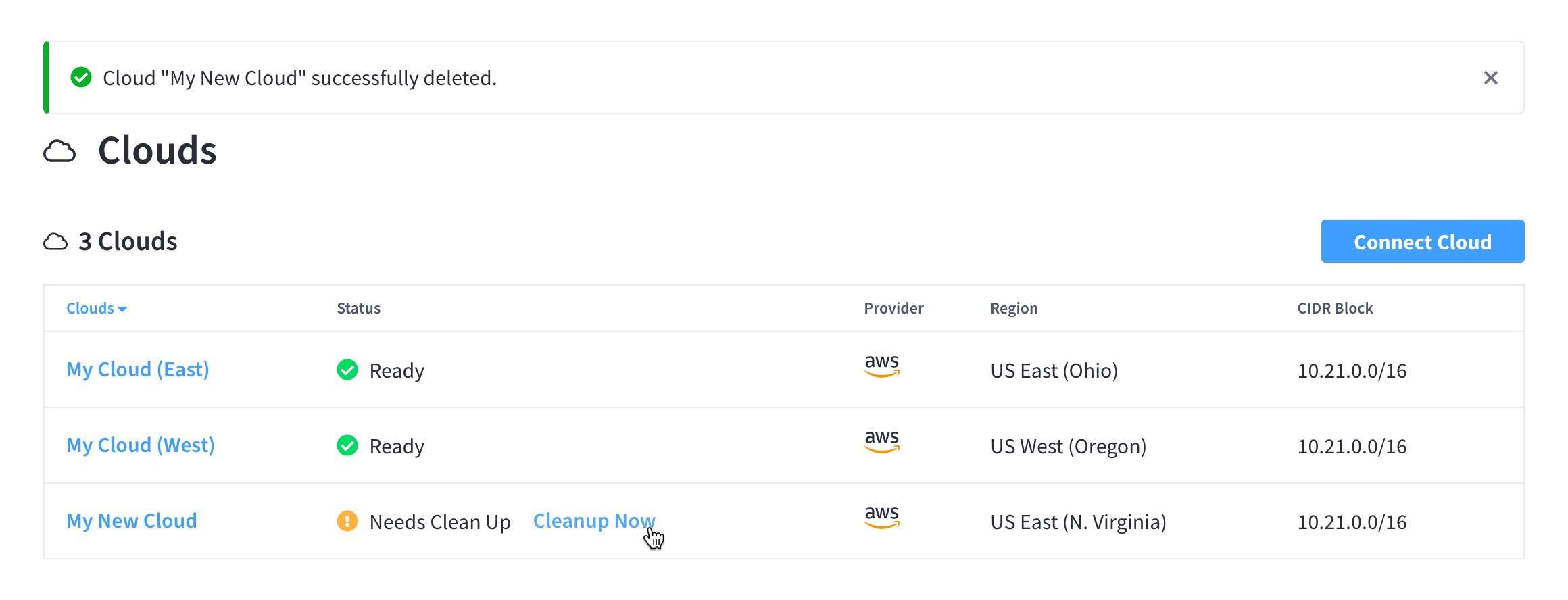 The 'Clouds' view showing the recently-deleted cloud which now has a status of 'Needs Clean Up' with a button next to it that says 'Cleanup Now'.