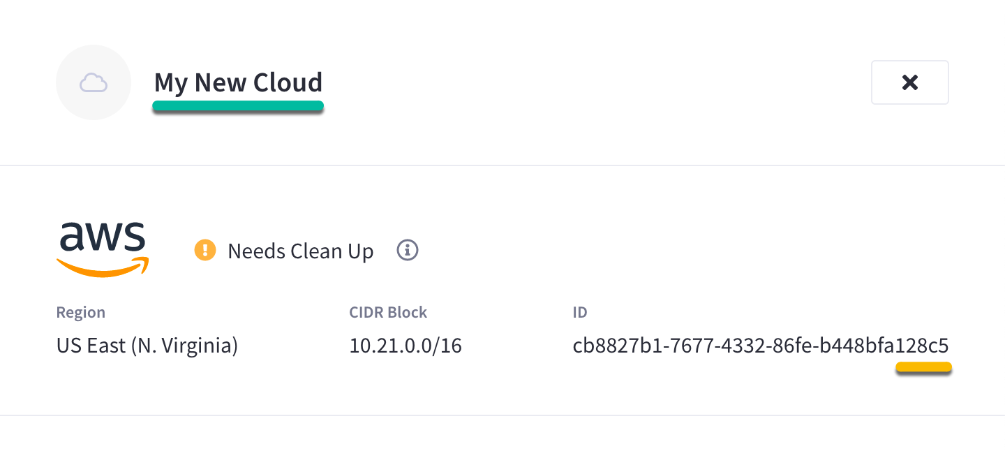 The connected cloud’s slide-out menu with its name underlined in teal, and the last five characters of its ID underlined in yellow.