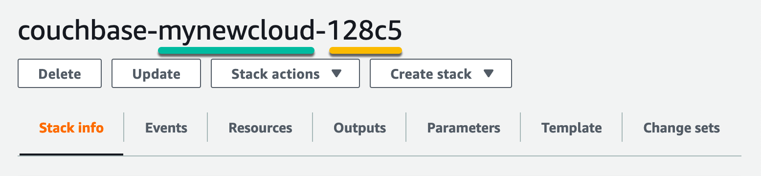 The CloudFormation stack’s name with the connected cloud’s name underlined in teal, and the last five characters of the connected cloud’s ID underlined in yellow.