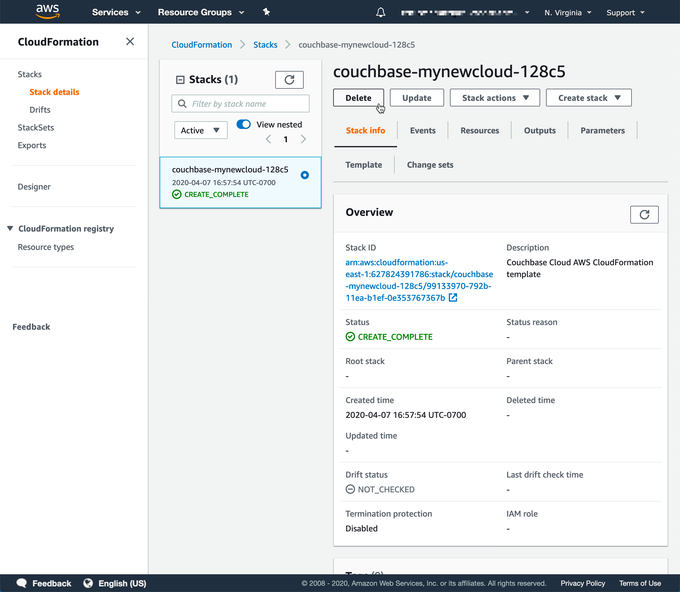 The AWS console showing the auto-selected CloudFormation stack.