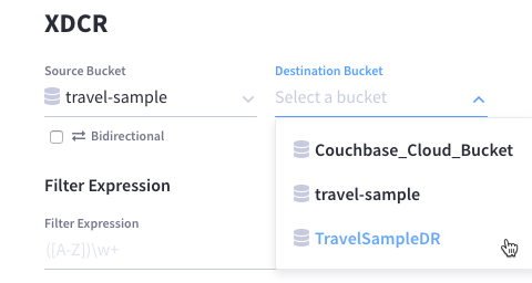 Dropdown menus for source and destination buckets.