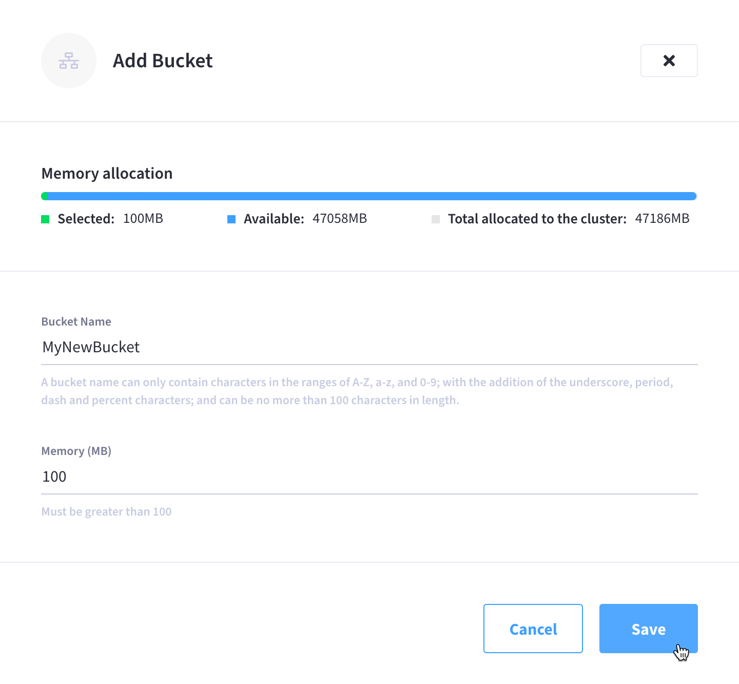 The 'Add Bucket' slide-out menu with all necessary fields completed.