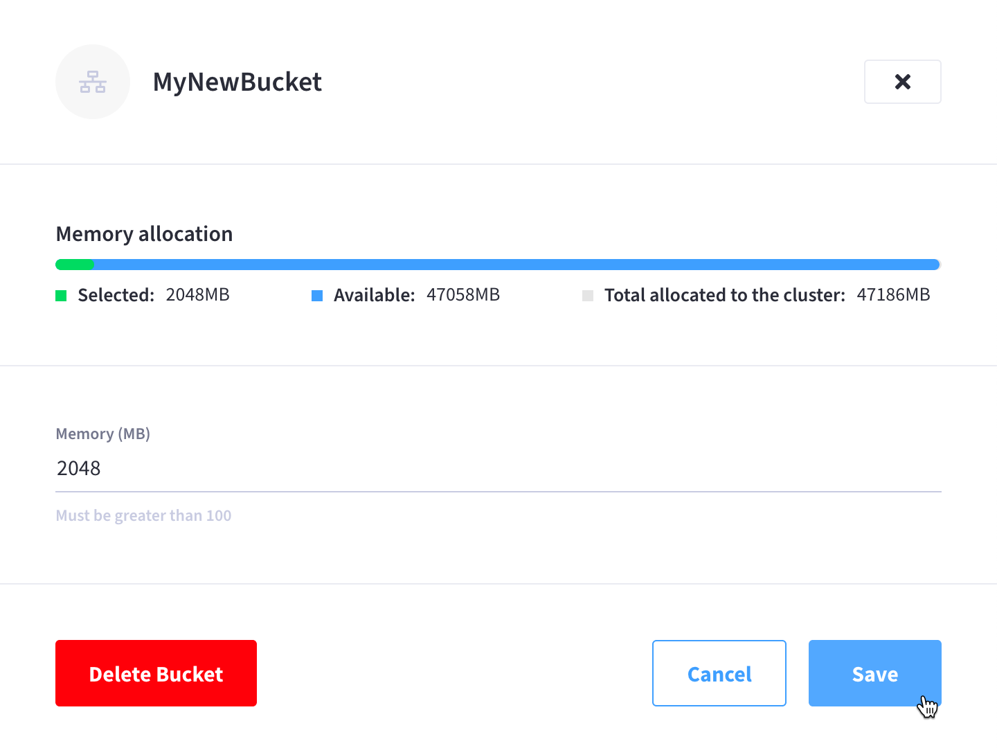 An existing bucket’s slide-out menu with all necessary fields completed.