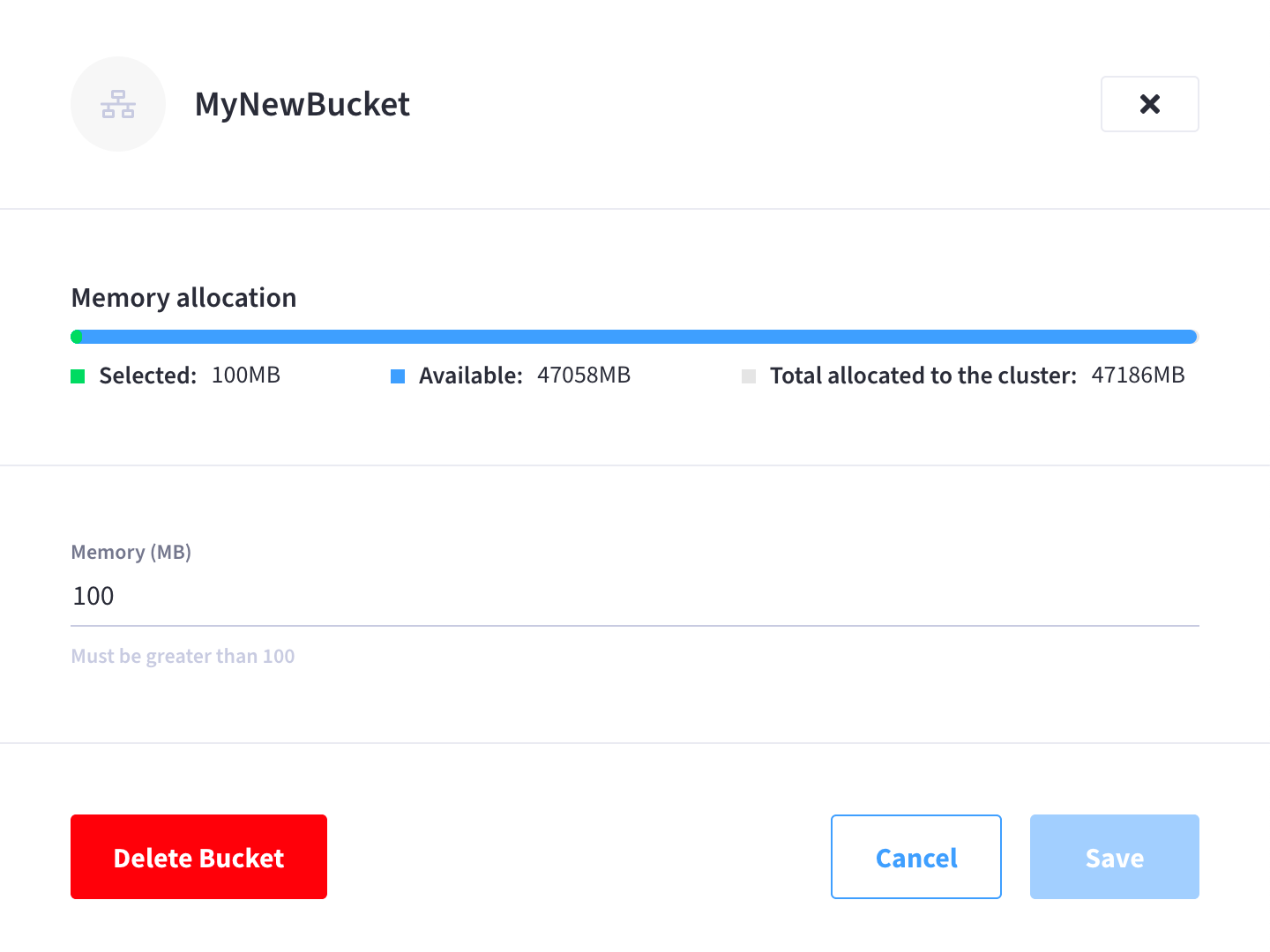 A bucket’s slide-out menu showing a field for configuring memory.