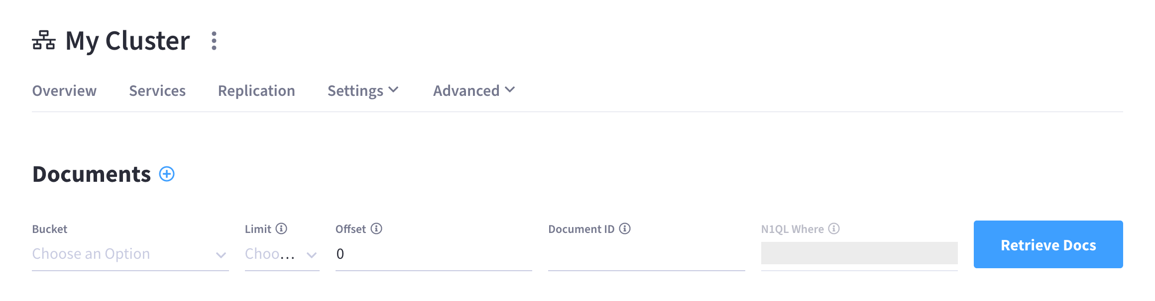 The cluster’s 'Advanced > Documents' tab.