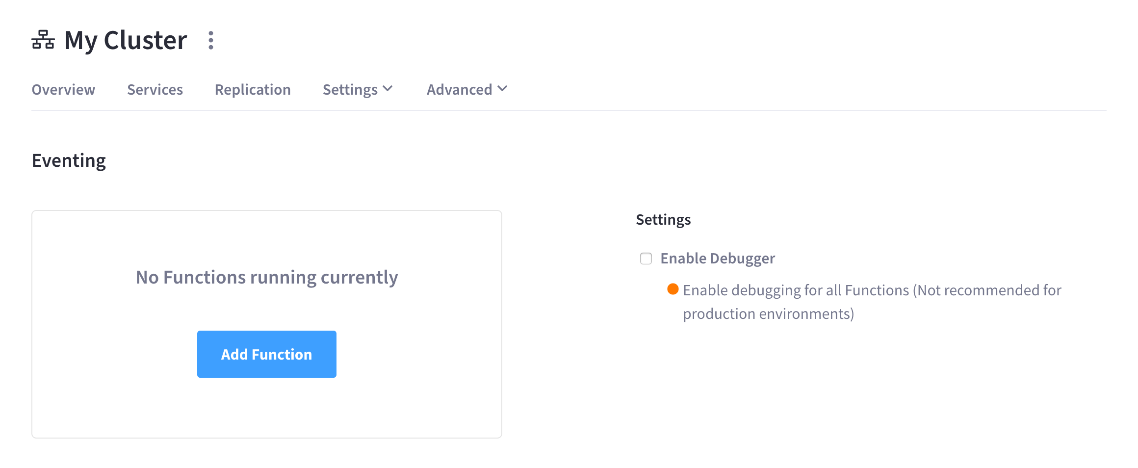 The cluster’s 'Advanced > Eventing' tab.