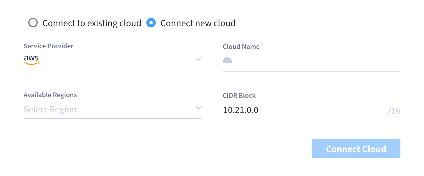 The `Connect new cloud` radio button selected, showing the required fields for configuring a new connected cloud.