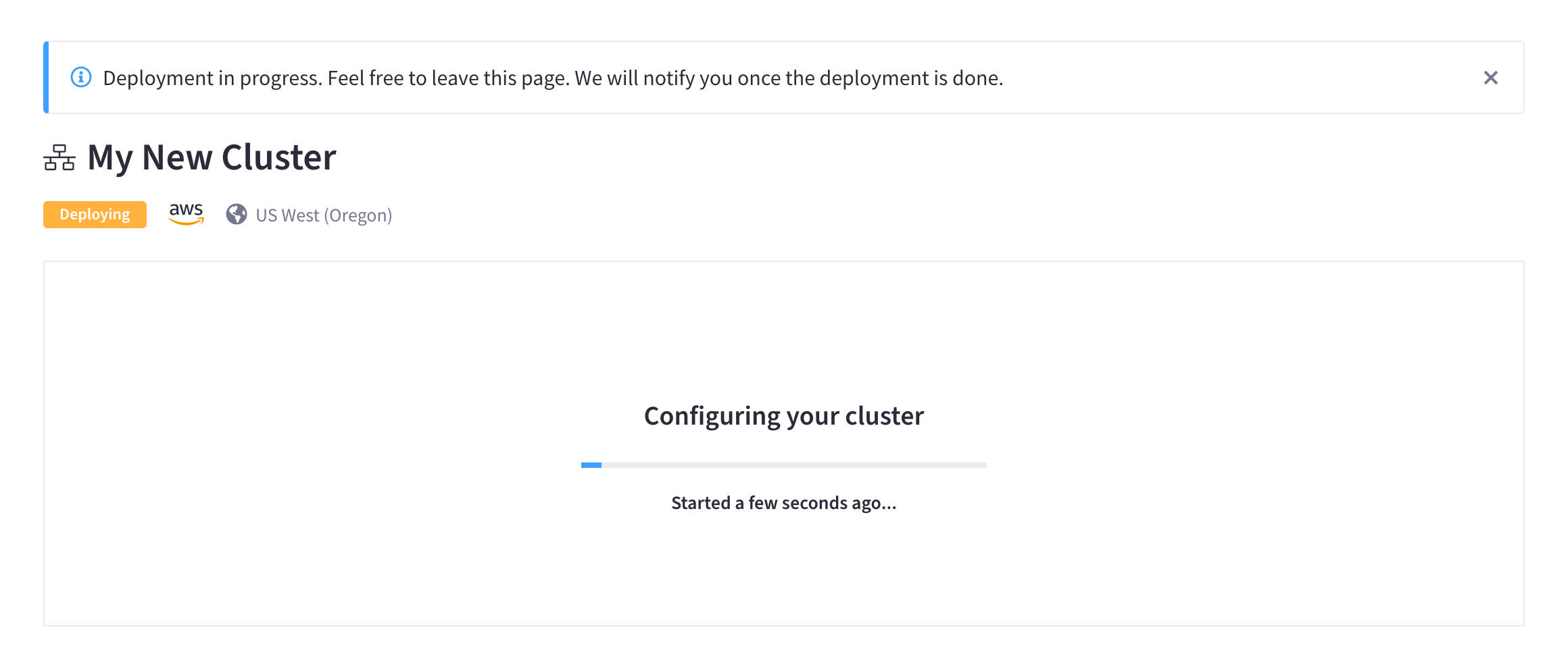 The cluster’s deployment status screen.