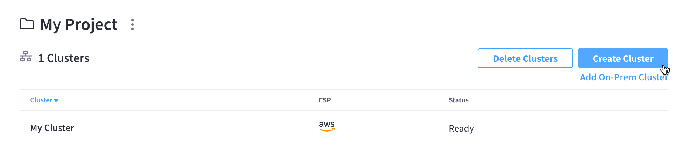 The project’s summary screen showing a list of the clusters in the project, along with a button labeled 'Create Cluster'.