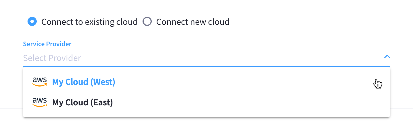 The `Connect to existing cloud` radio button selected, and the `Service Provider` drop-down menu showing multiple existing connected clouds to choose from.