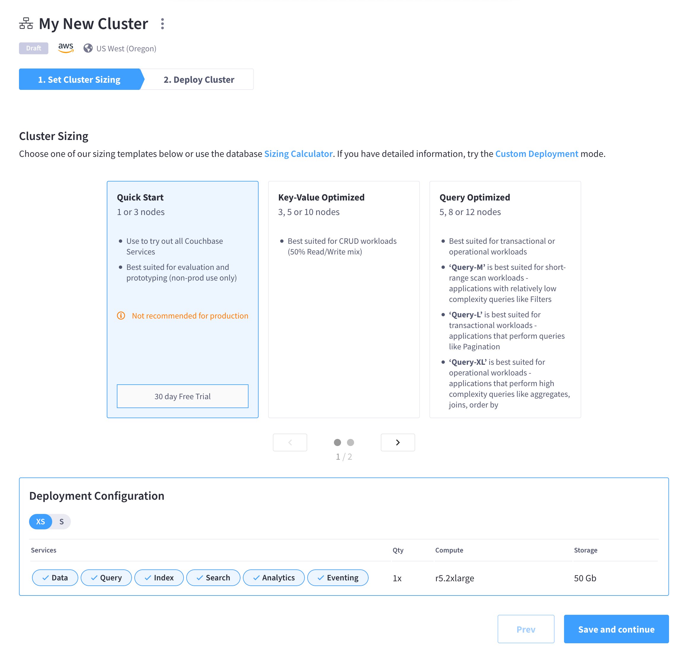 The `Set Cluster Sizing` screen showing the 'Quick Start' template selected.