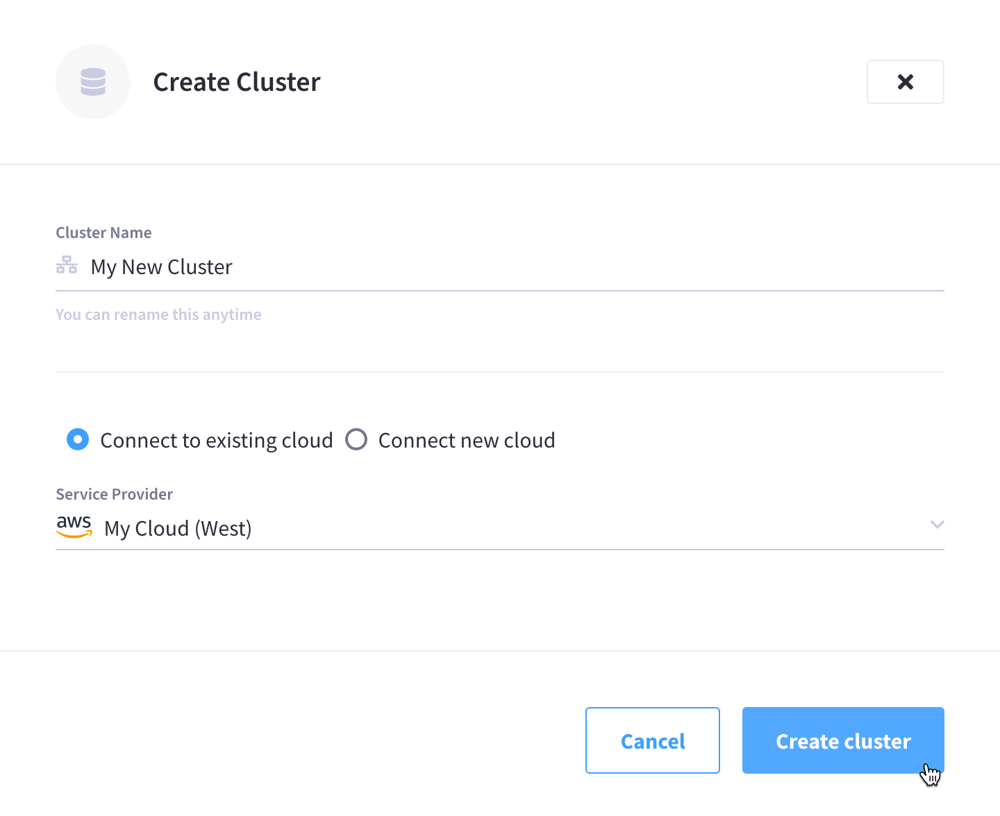 The 'Create Cluster' slide-out menu with all fields completed.