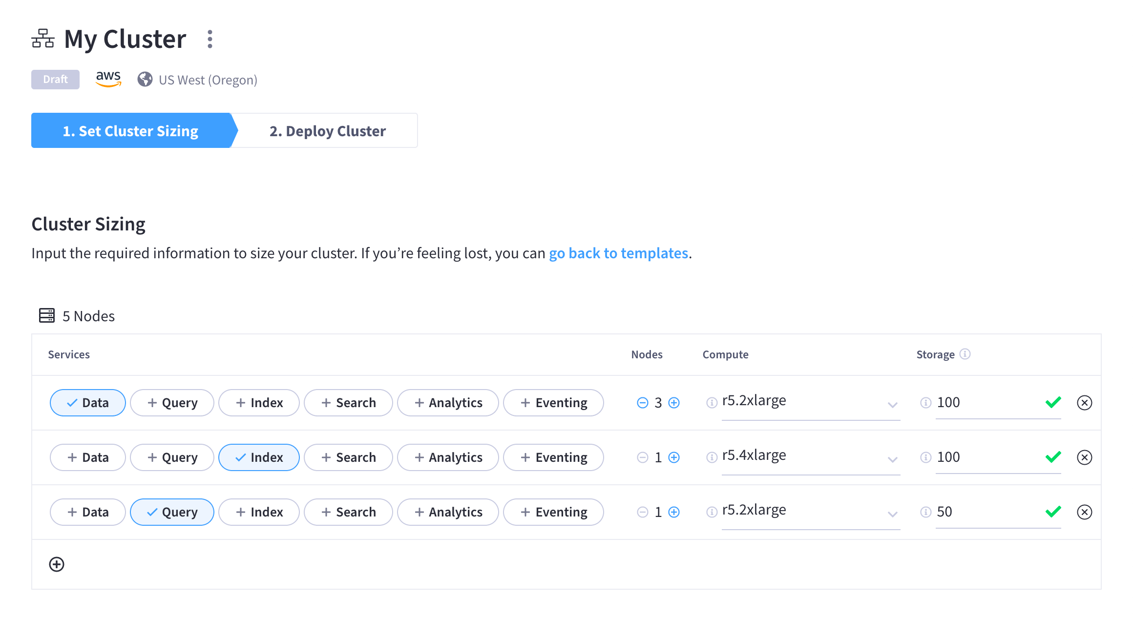 The Custom Deployment mode screen showing a re-creation of the 'Query Optimized' medium template.