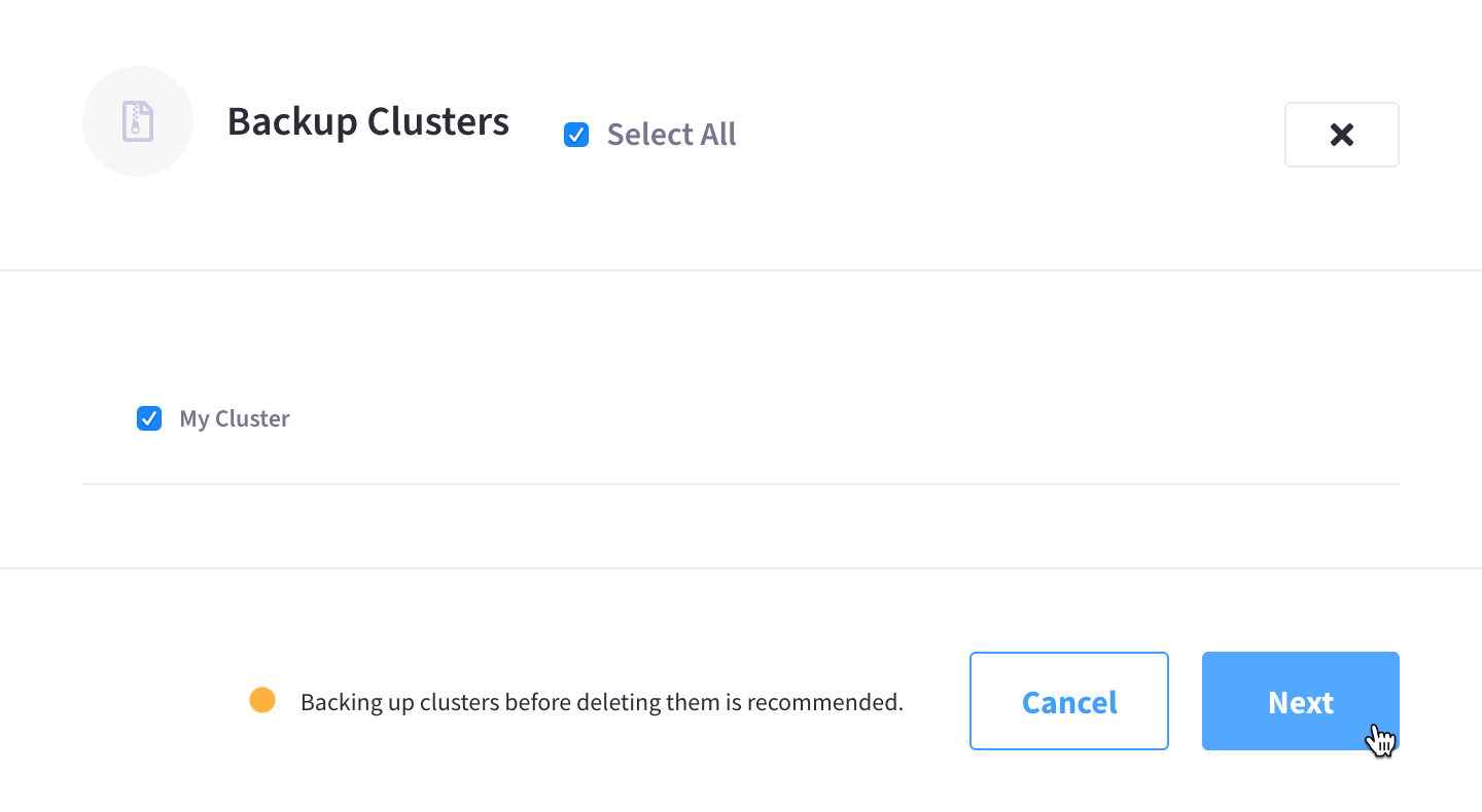 The 'Backup Clusters' prompt, with a list of clusters and selectable checkboxes.