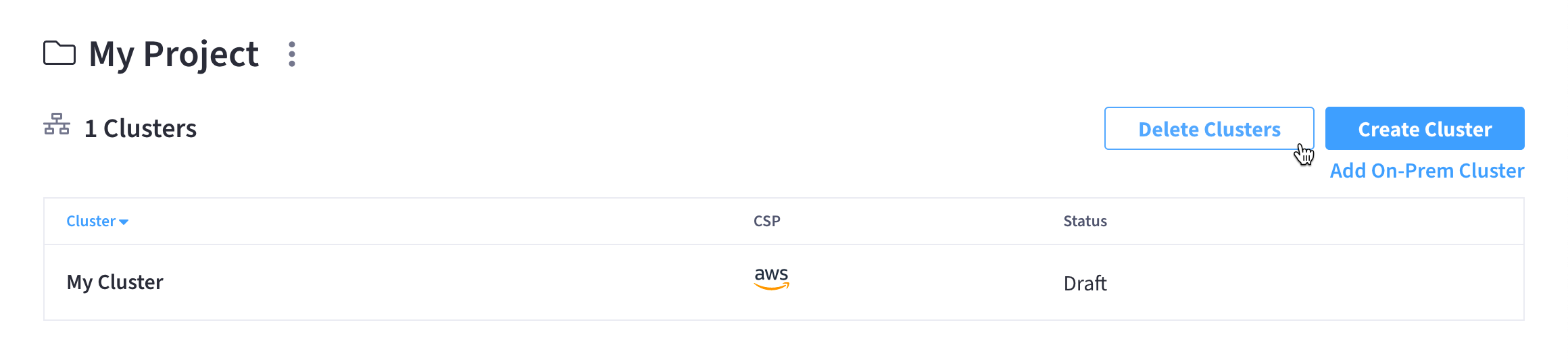 The project’s summary screen showing a list of the clusters in the project, along with a button labeled 'Delete Clusters'.