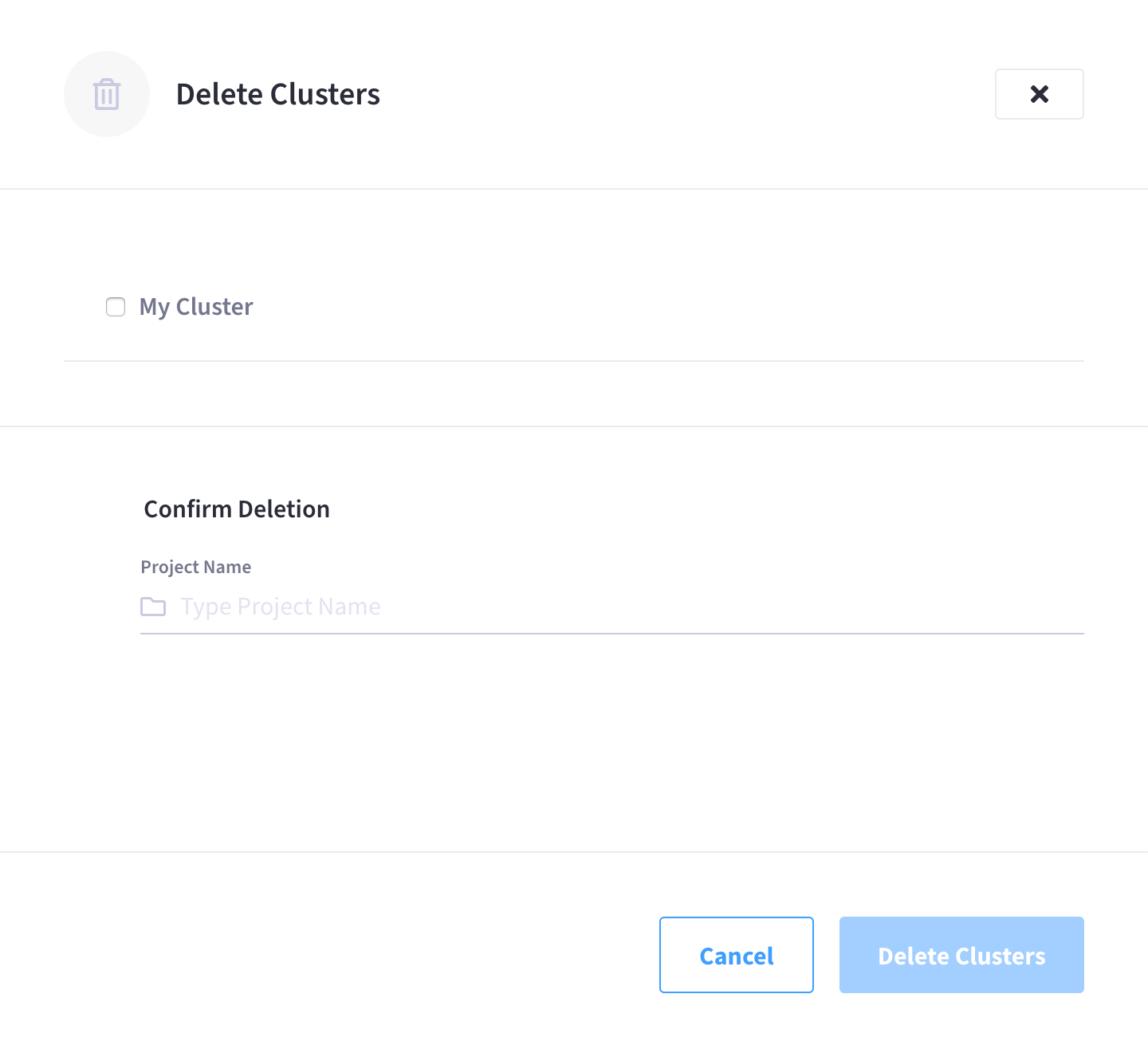 The 'Delete Clusters' step showing a list of clusters and selectable checkboxes.