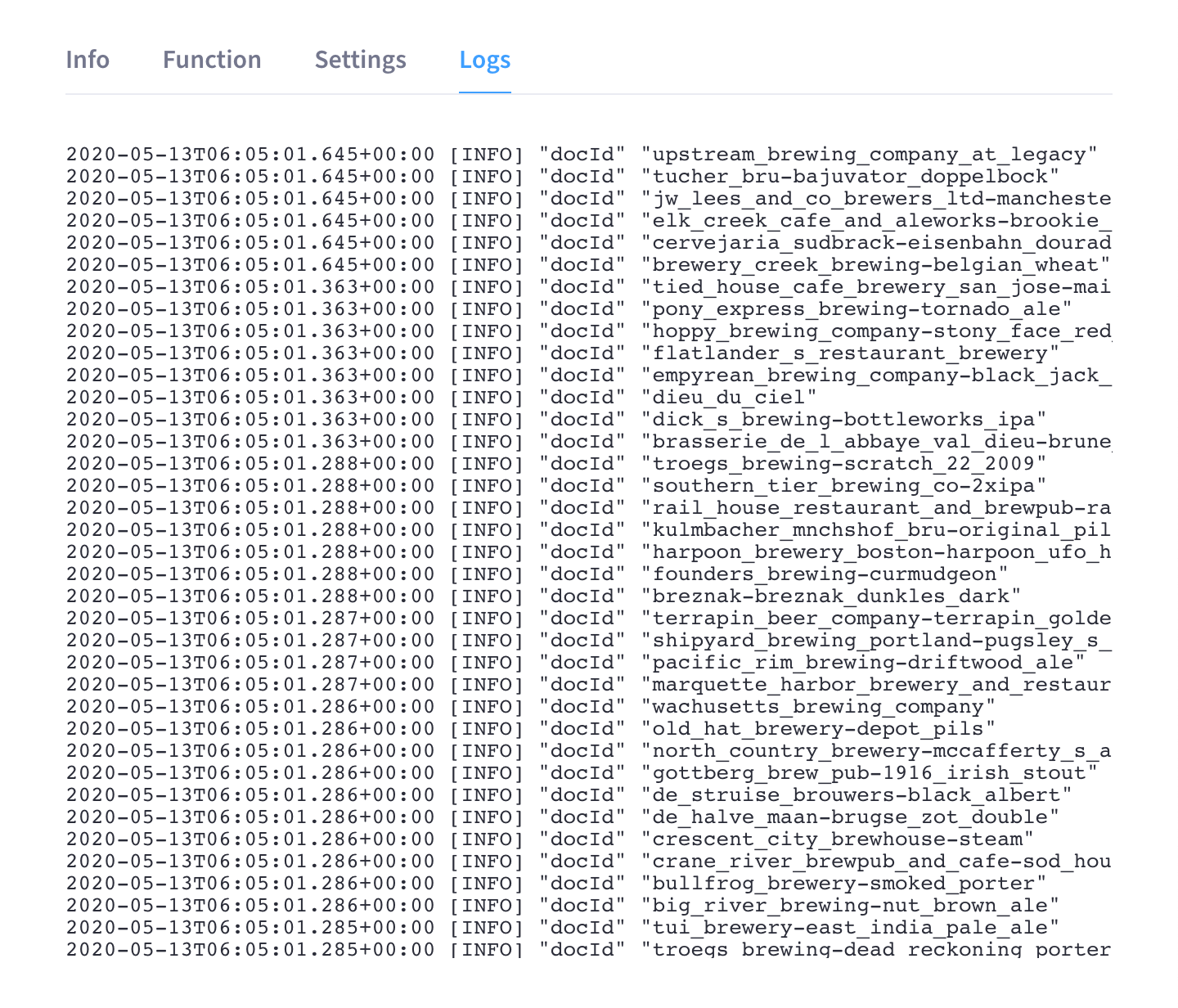 The 'Logs' of deployed Function’s fly-out menu.