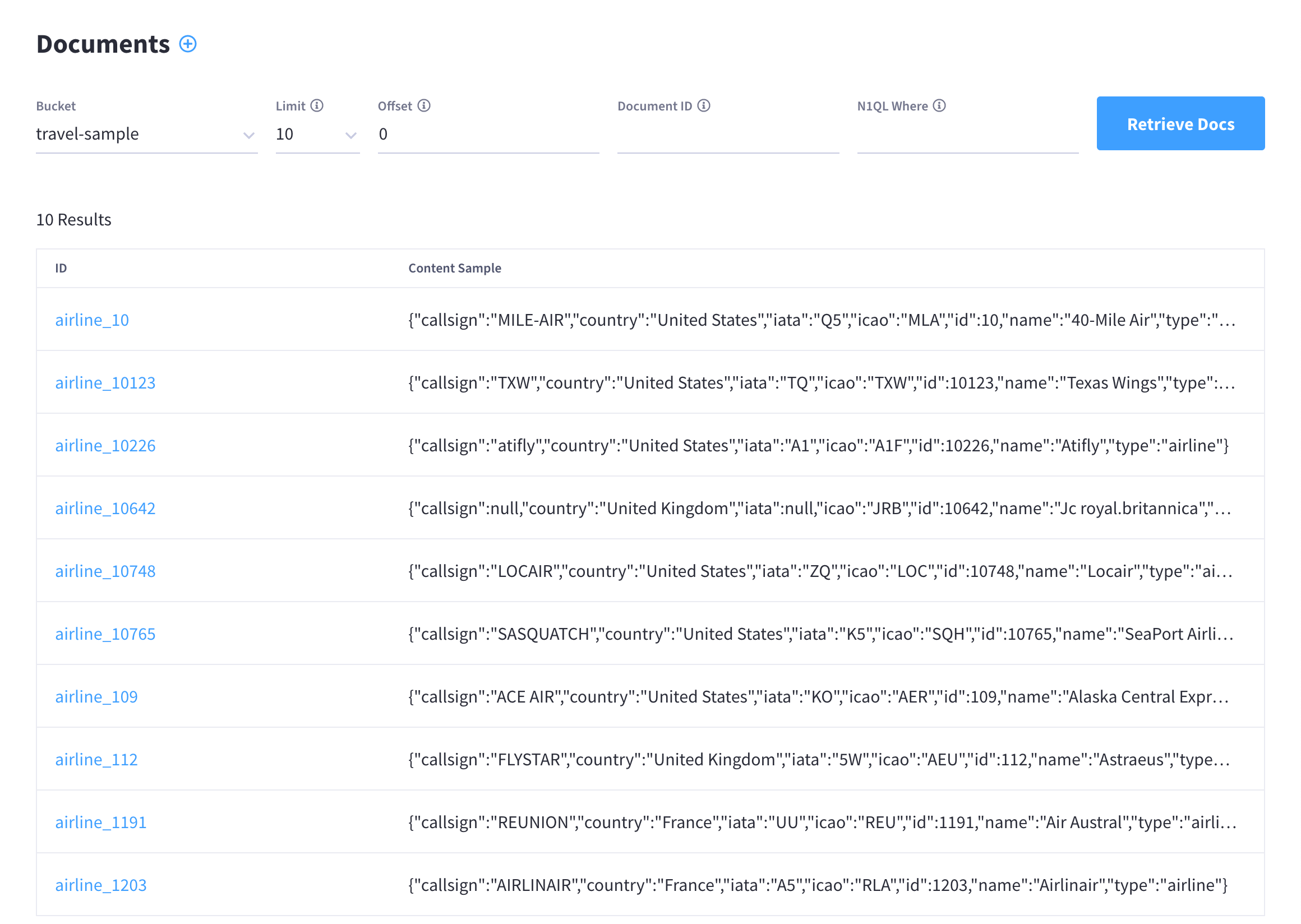 The cluster’s 'Advanced > Documents' view, showing a table of document results from the 'travel-sample' bucket.