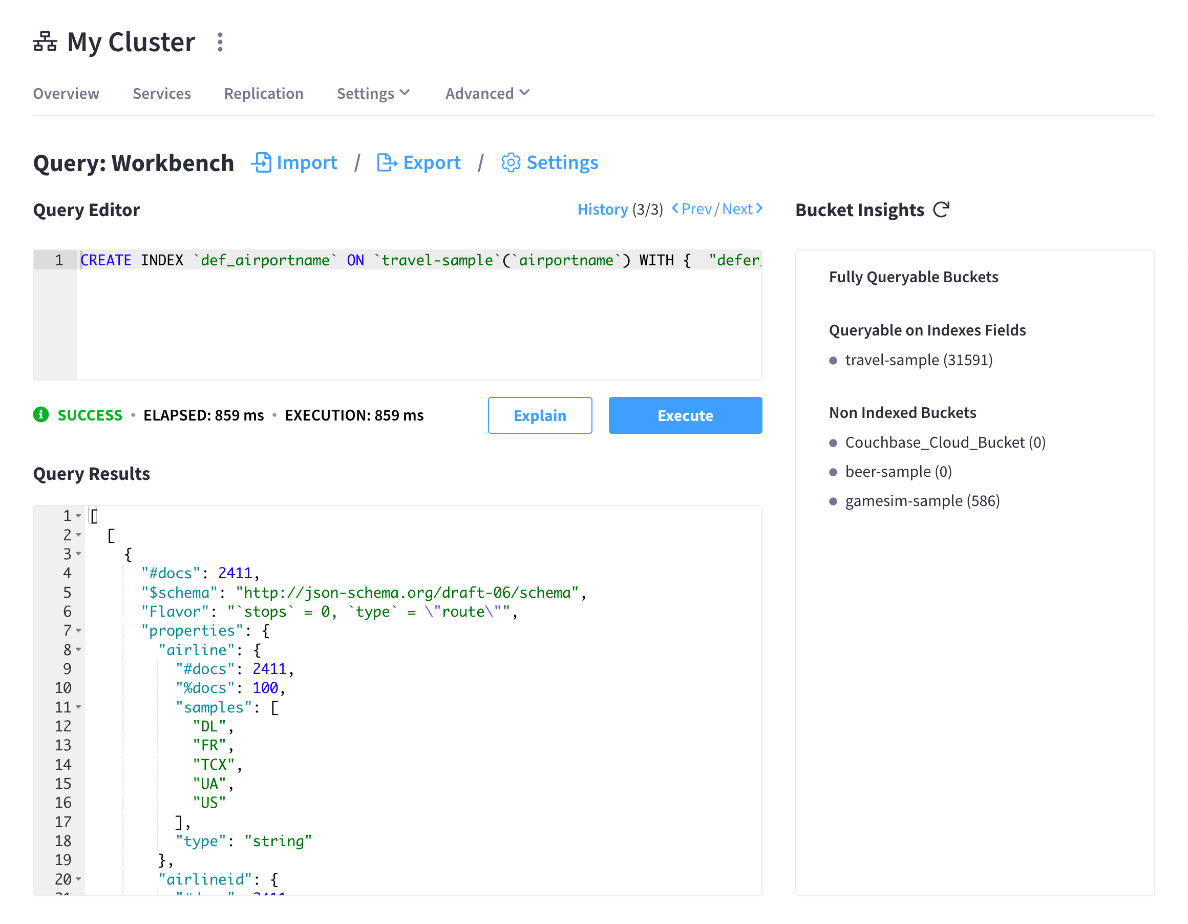 The Query Workbench showing the index definition loaded in the Query Editor, with the results displayed in the Query Results panel.