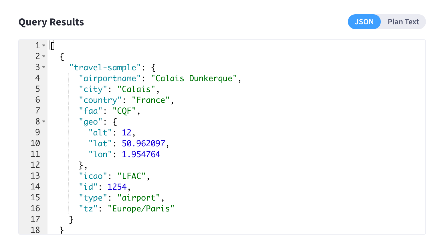 The Query Results area with the JSON tab selected.