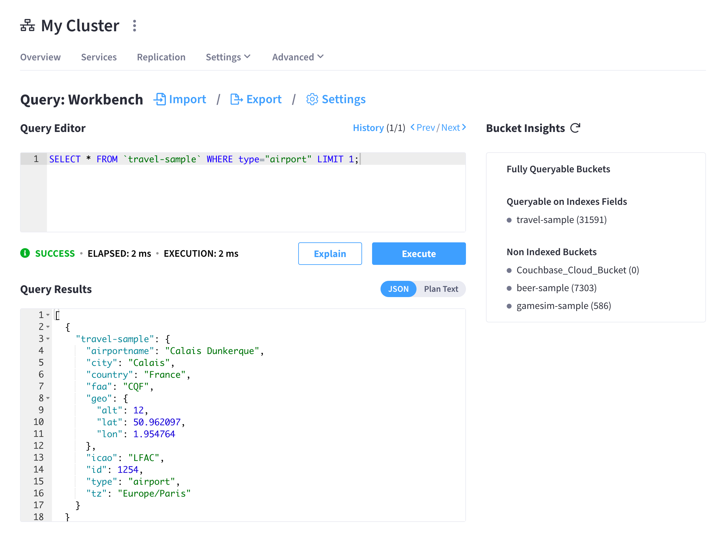 The cluster’s Query Workbench screen showing an executed query and its results.