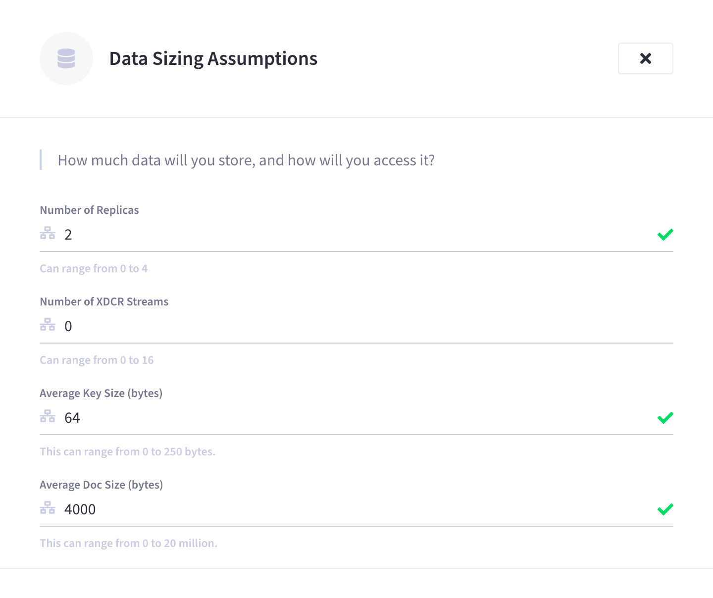 The 'Data Sizing Assumptions' slide-out menu.