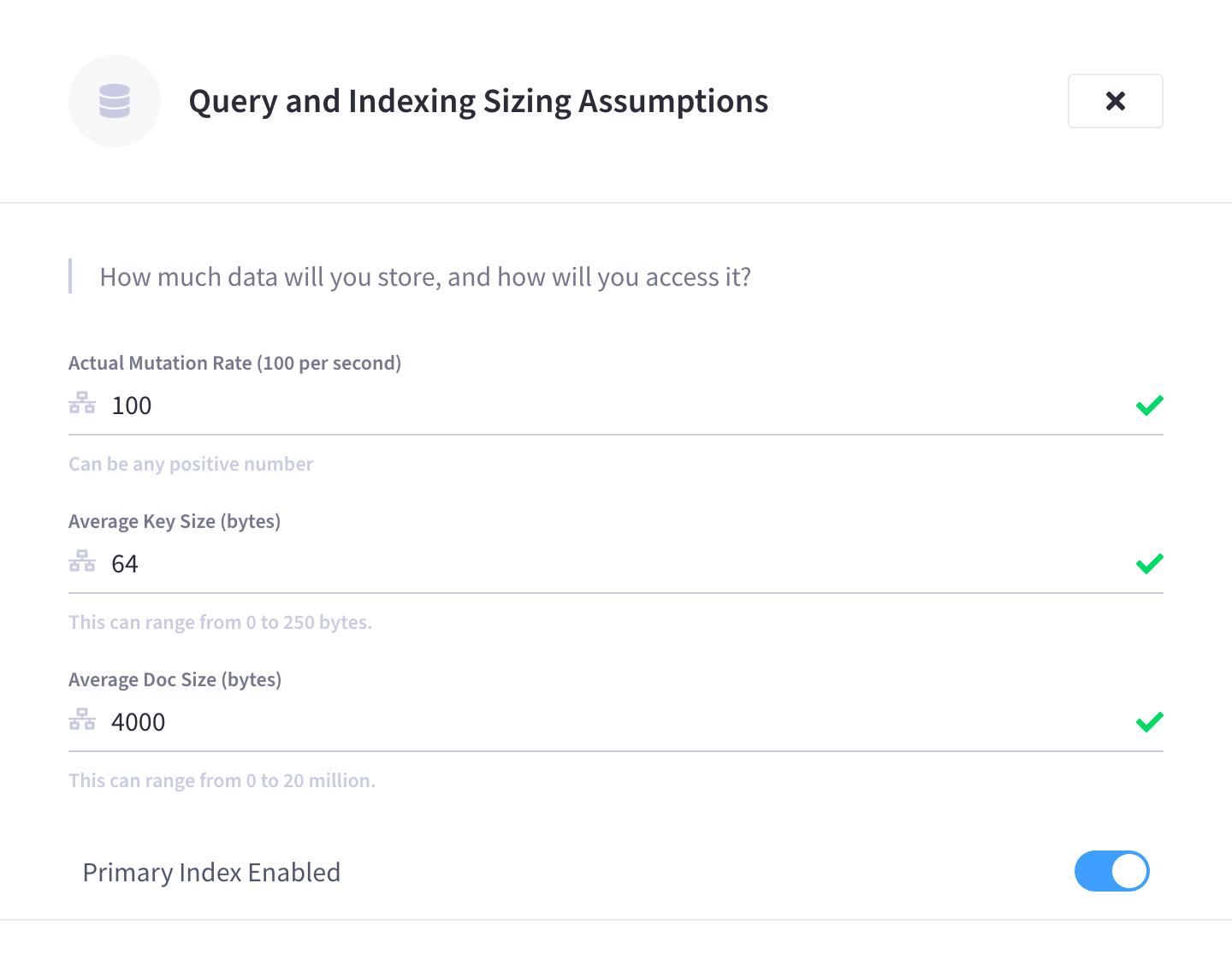 The 'Query and Indexing Sizing Assumptions' slide-out menu.