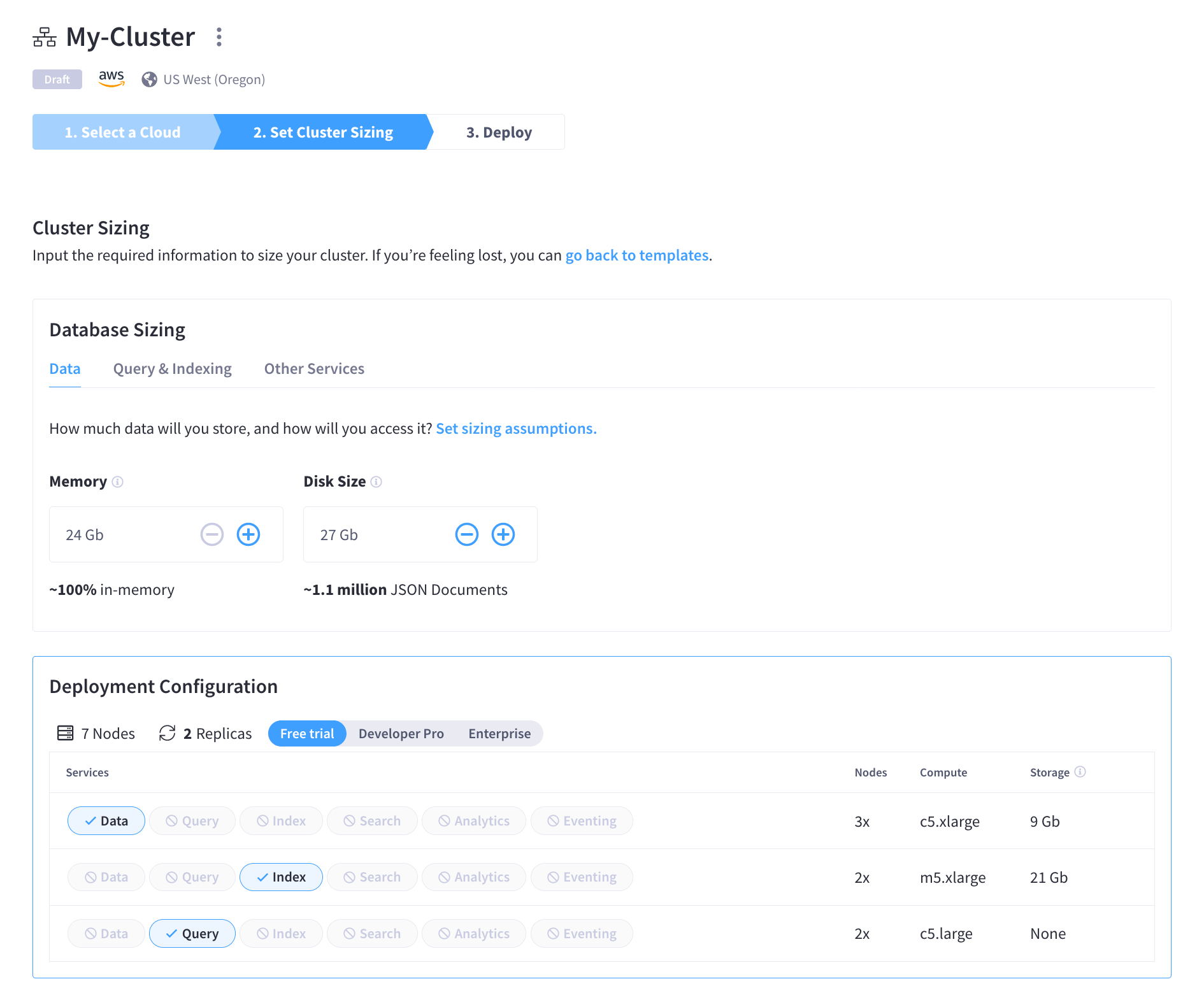 The Sizing Calculator screen with the 'Data' tab selected.