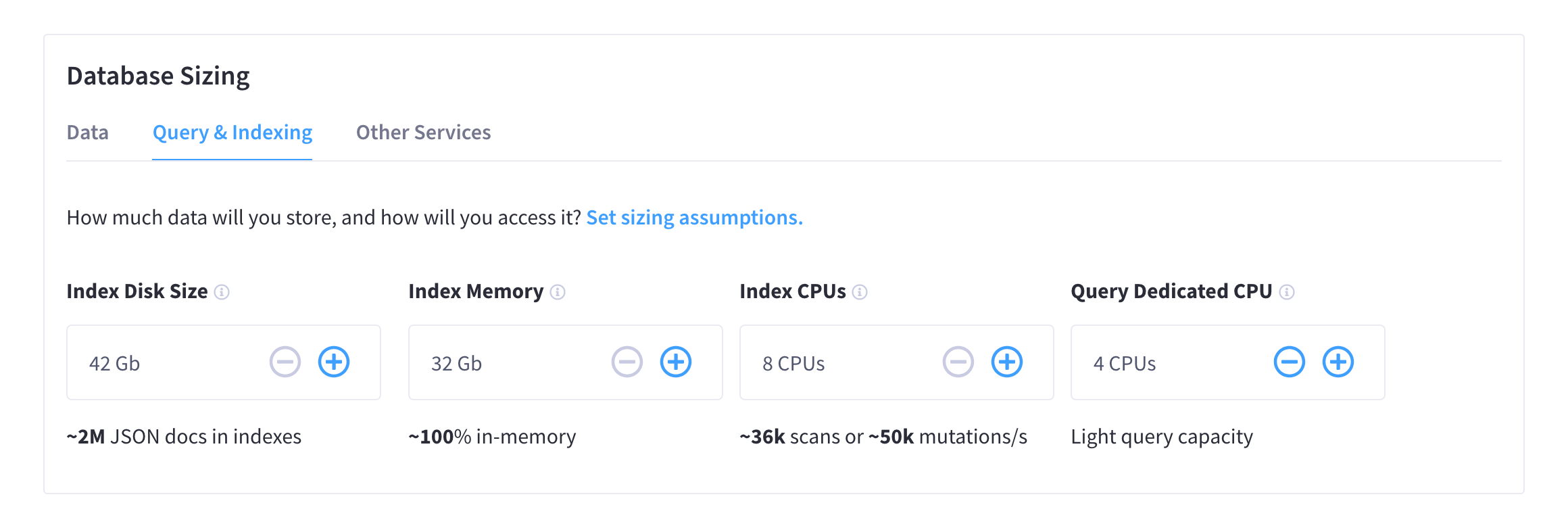 The Sizing Calculator screen with the 'Query & Indexing' tab selected, specifically showing the toggles to configure resource allocation for the Query and Index services.