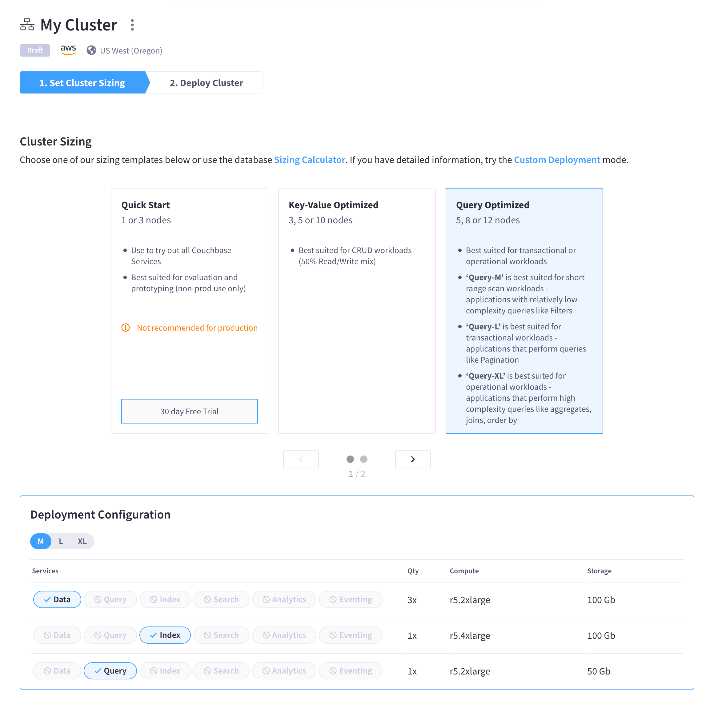 The template sizing screen with the 'Query Optimized' template selected.