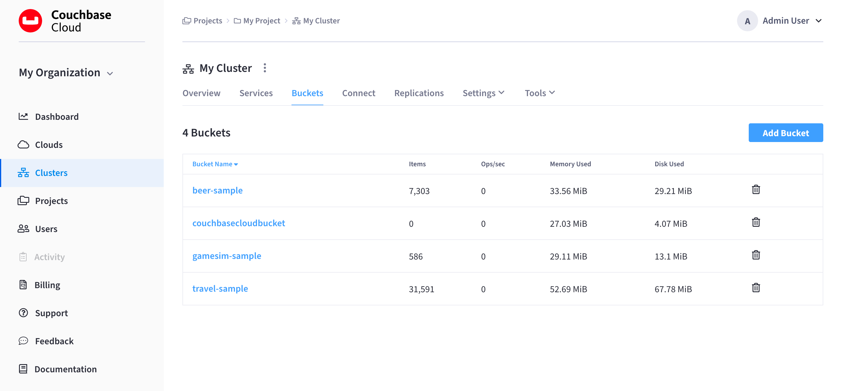 The cluster’s 'Buckets' tab, showing multiple sample buckets, as well as the default bucket.