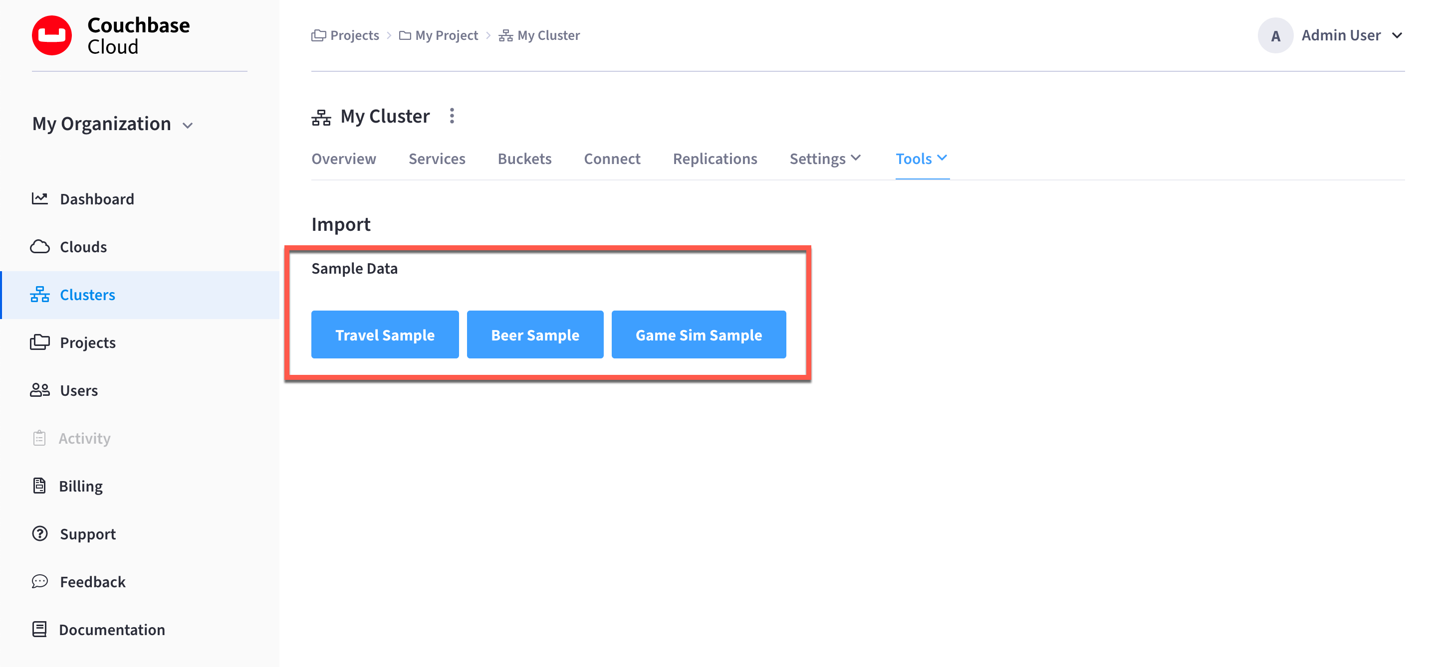 The cluster’s 'Tools > Import' tab, with the 'Sample Data' section highlighted.