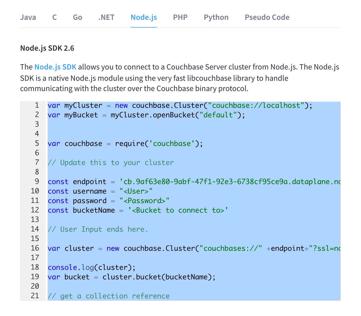 The 'Your connection' fly-out menu with the Node.js tab selected.