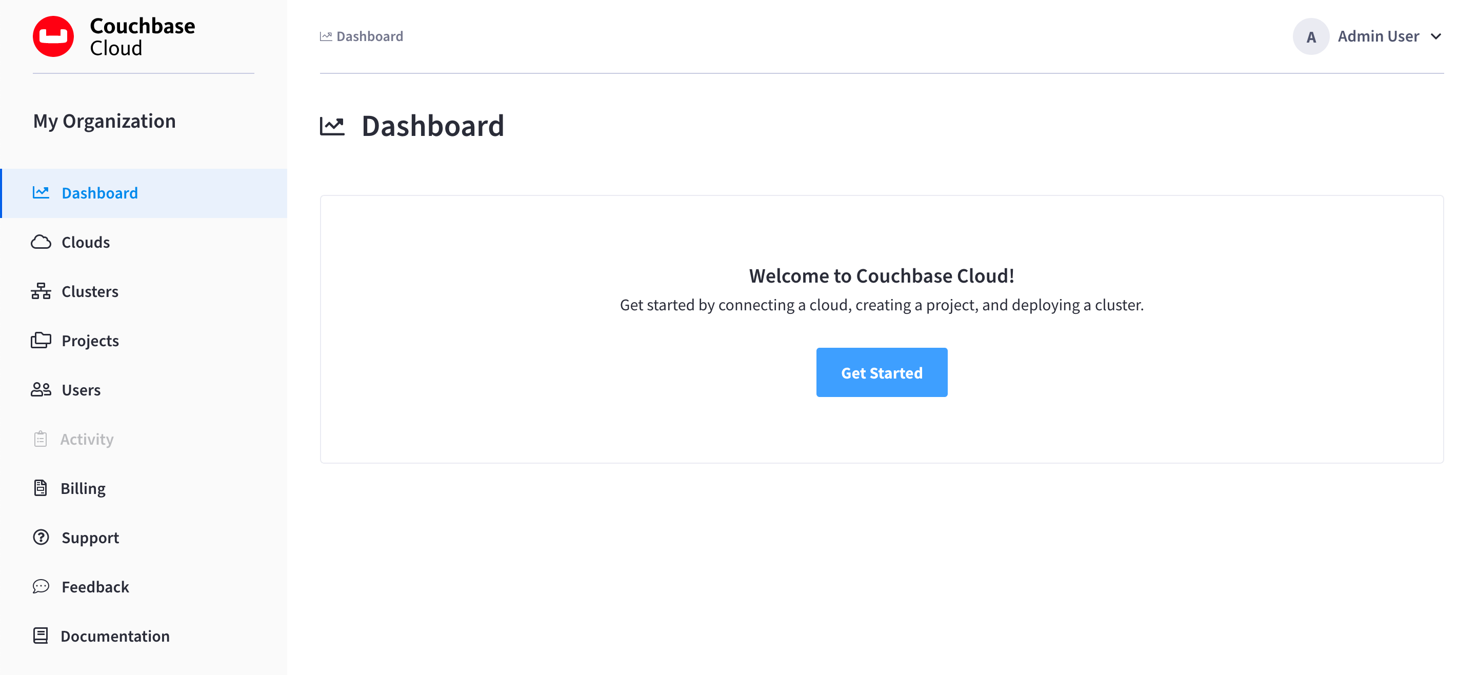 The Dashboard screen for a brand new organization. A welcome message is displayed with a button labeled 'Get Started'.