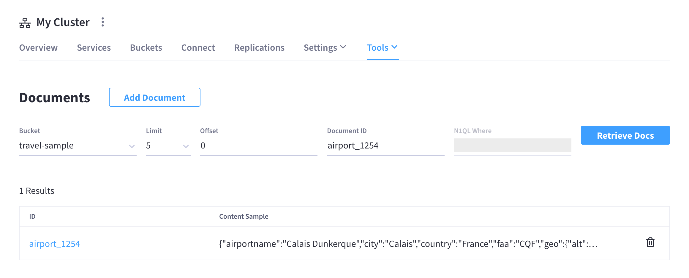 The cluster’s 'Tools > Documents' tab showing the document with ID 'airport_1254' as the only search result.