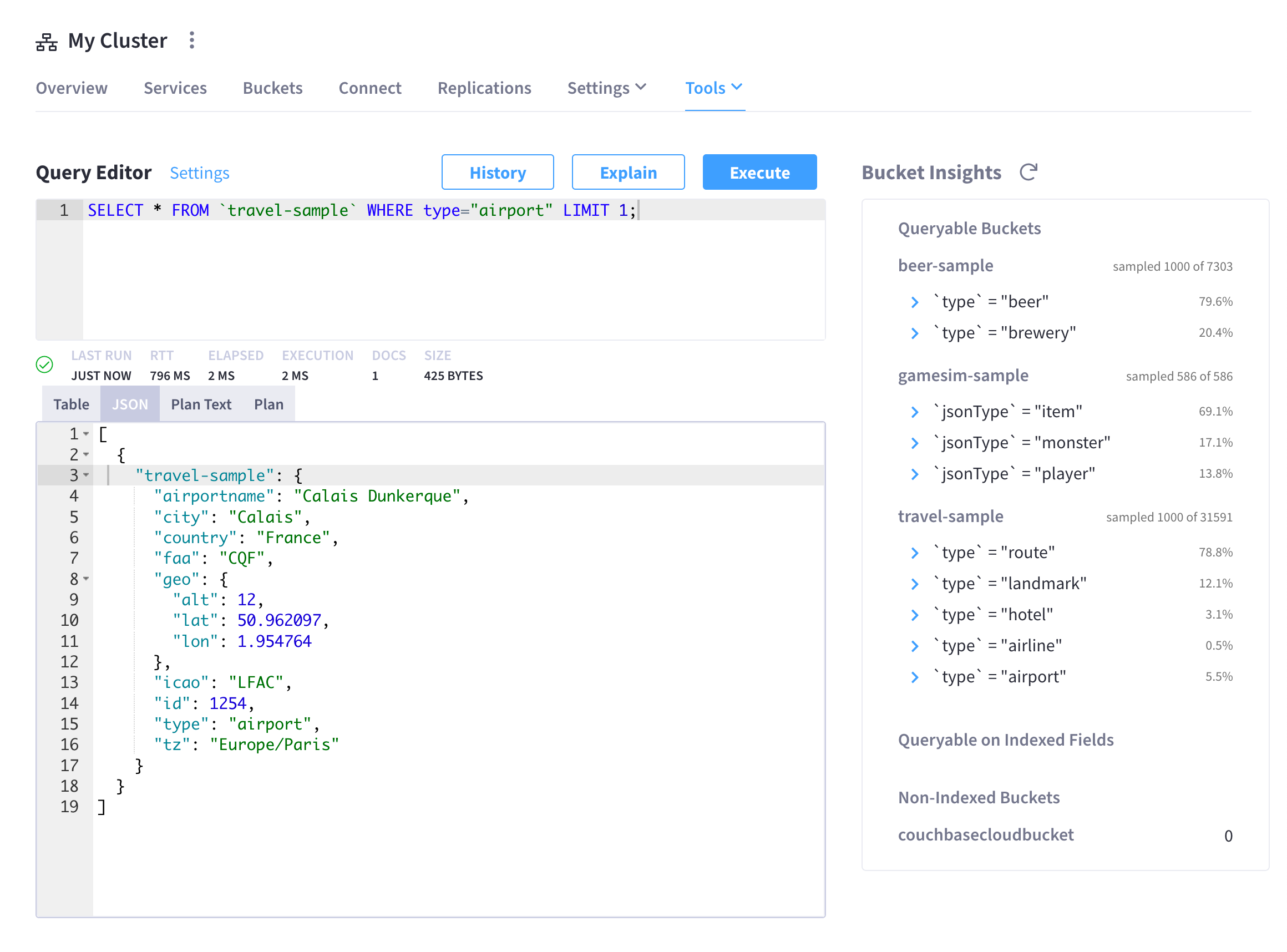 The cluster’s Query Workbench screen showing an executed query and its results.