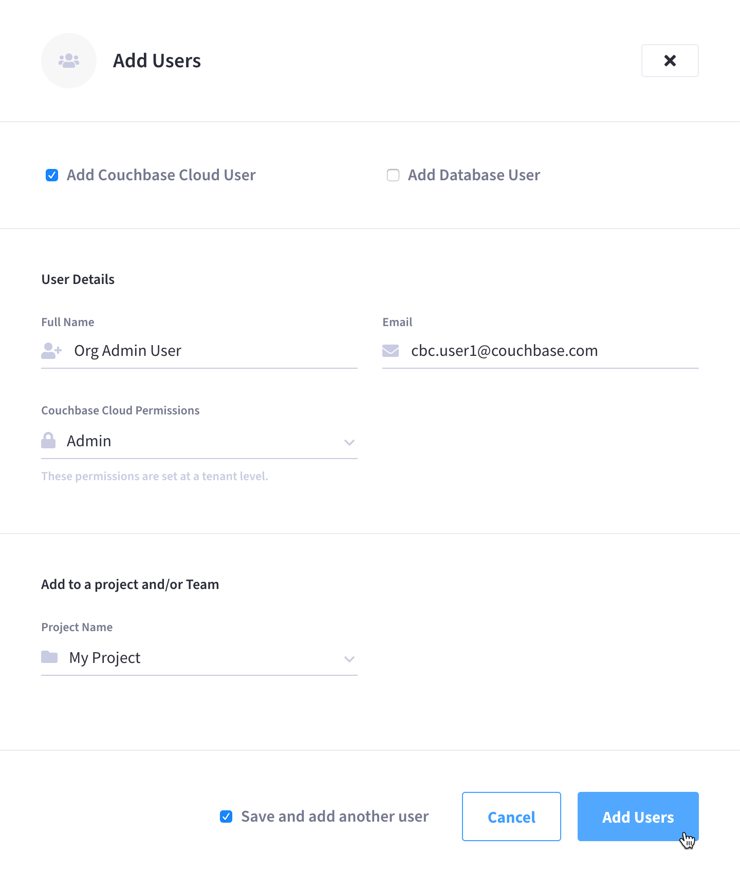 The 'Add Users' slide-out menu with all fields completed.