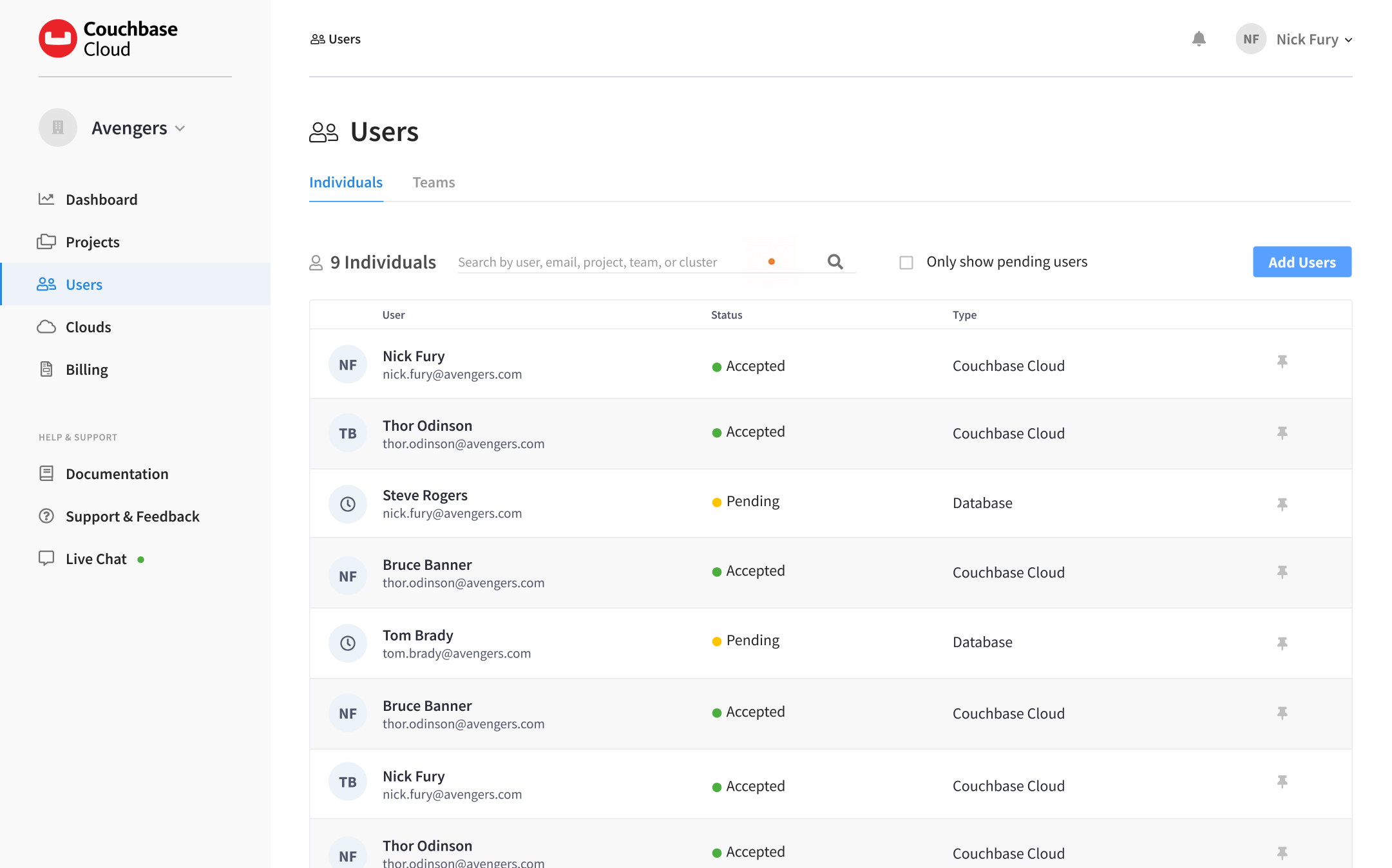 The 'Users' view showing a list users with 'Status' showing as either 'Accepted' or 'Pending'.