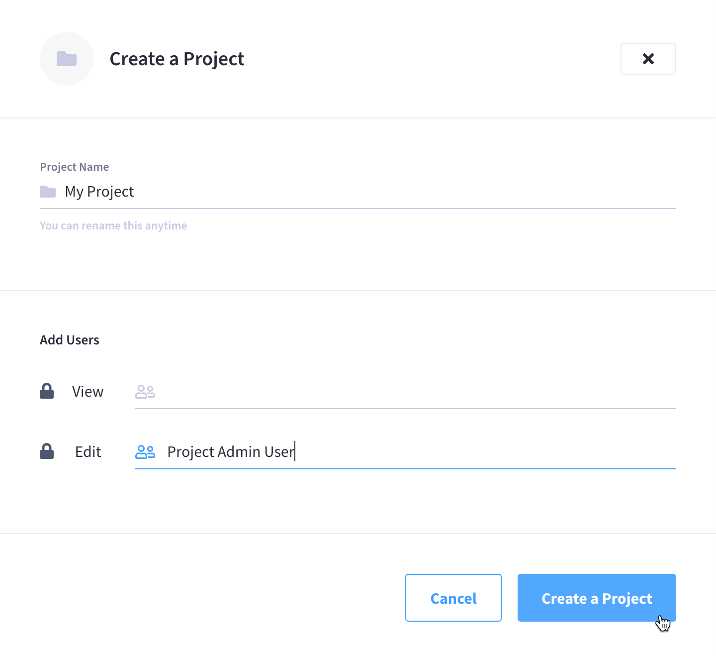 The 'Create a Project' slide-out menu with all fields completed.