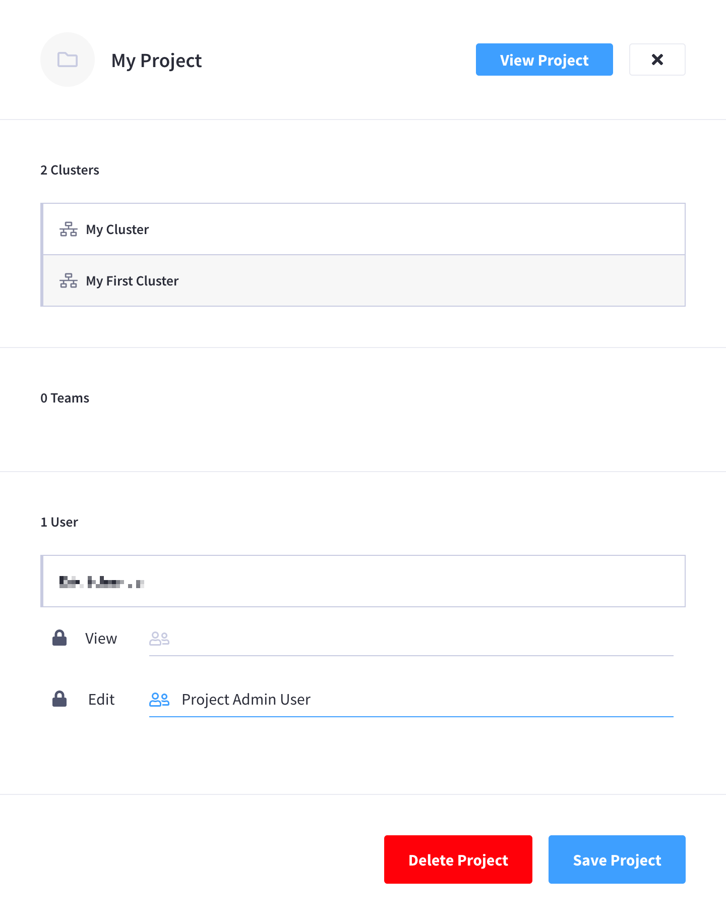 A project’s slide-out menu showing the 'Users' section with 'View' and 'Edit' fields.