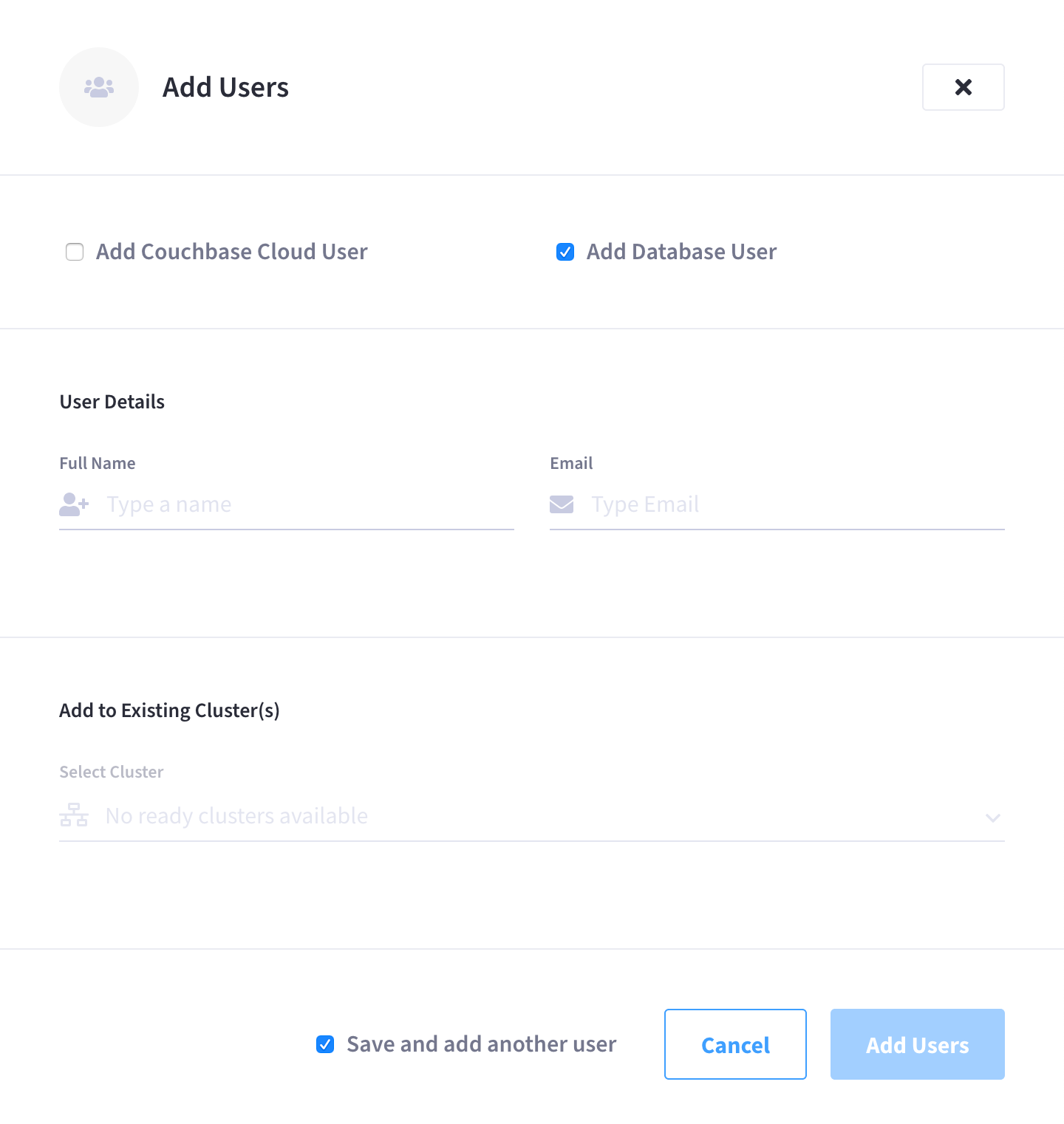 The 'Add Users' slide-out menu showing 'Add Database User' checked and 'Add Couchbase Cloud User' unchecked.