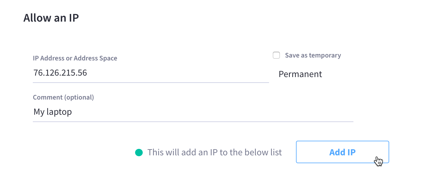 The 'Allow an IP' section with all fields configured.