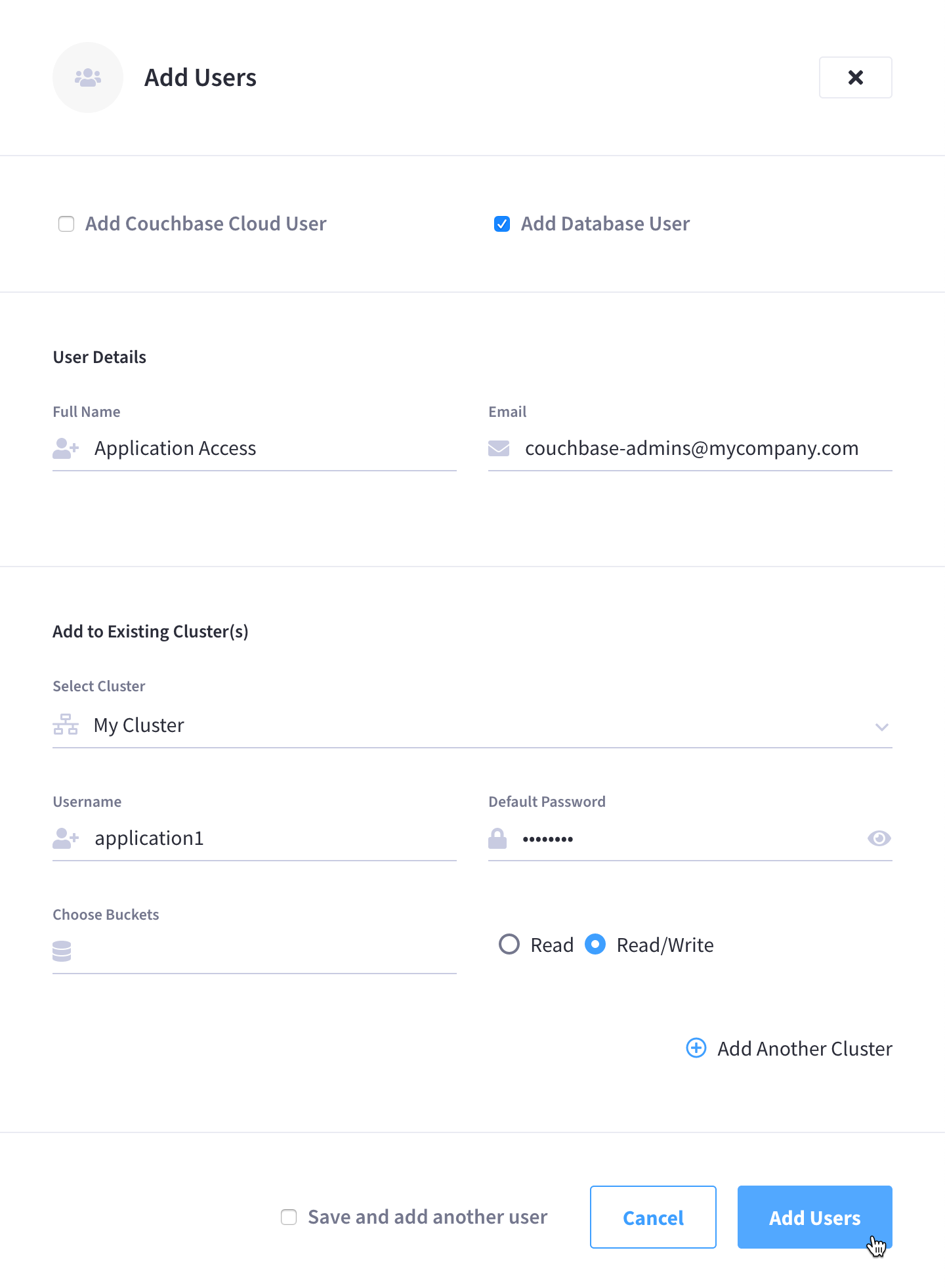 The 'Add Users' fly-out menu with all fields configured to create a database-only user.