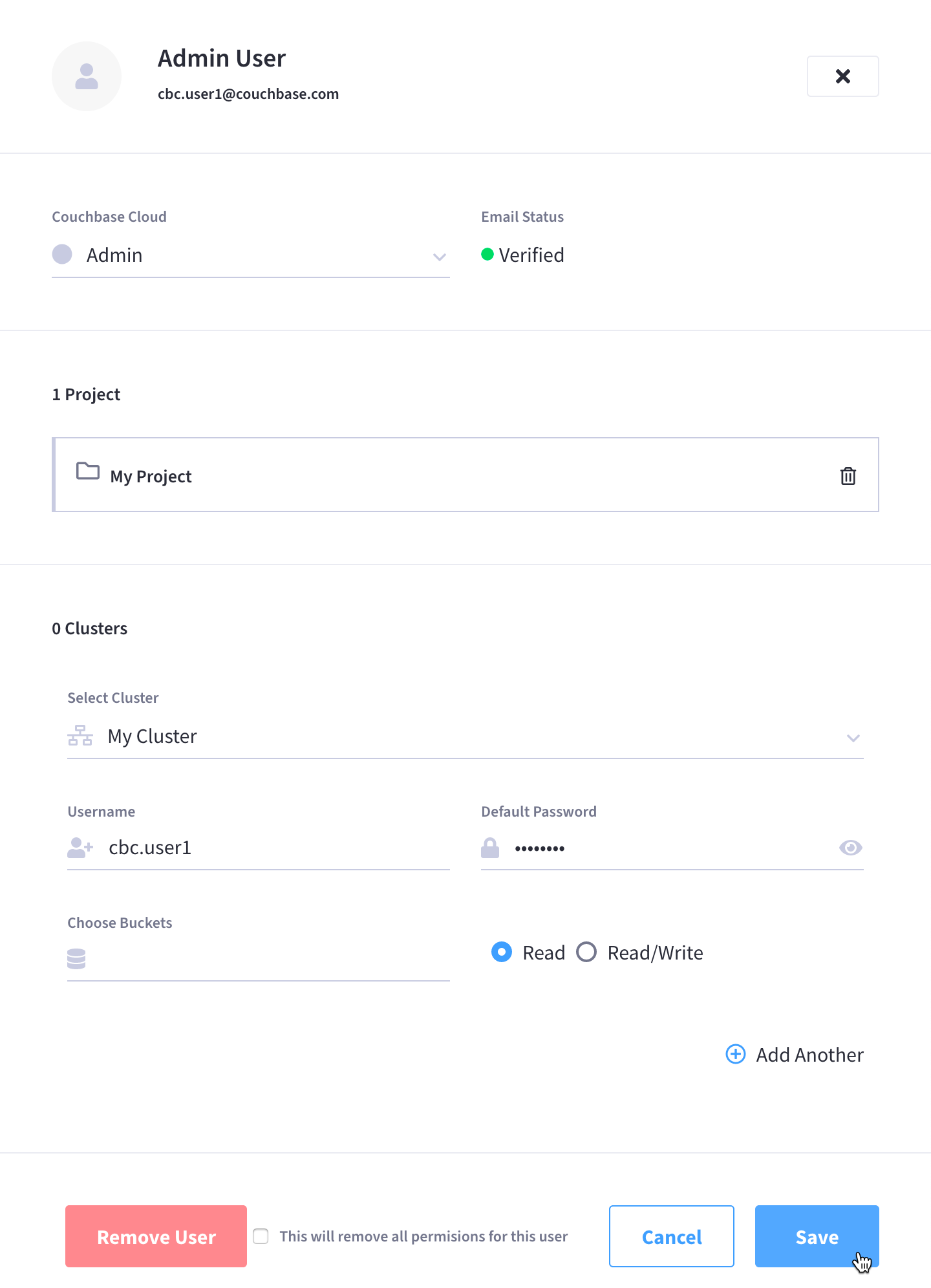 The user’s fly-out menu with all fields configured to grant database access to a cluster.